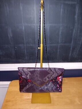 Big Buddha Purple Sequin Envelope Clutch with Black Chain